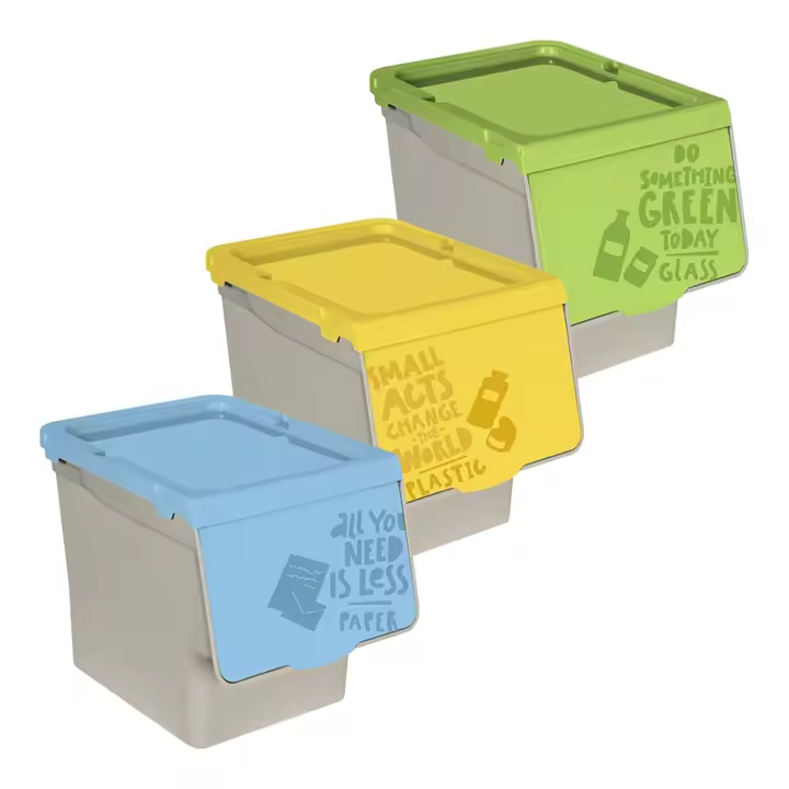 set Cubos de Basura de Reciclaje, Pack de 3 Cubos de Basura de Cocina, Cubo de Basura 30 Litros, Plástico, Sistema Apilable con Apertura Fácil, Ideal para Reciclar, 3 Colores - 1