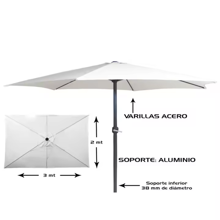 GERIMPORT SOMBRILLA BLANCA 3 METROS METAL Y POLIESTER. TUBO DE ALUMINIO  38 MM. - 1