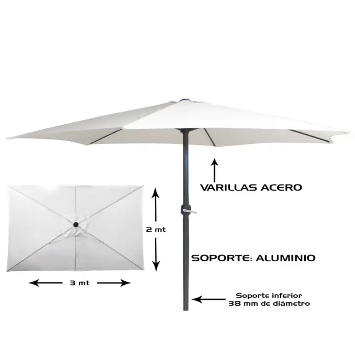 GERIMPORT SOMBRILLA BLANCA 3 METROS METAL Y POLIESTER. TUBO DE ALUMINIO  38 MM. - 1