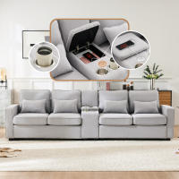 Sofá Moderno 4 Plazas Nordic Style | Lino Ecológico | Consola Integrada + 2 Portavazas + 2 Puertos USB QC3.0 | Diseño Multifunctional | Ideal para Salones Grandes y Familias | Neutral Color - details 8