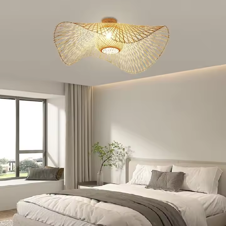 Lámpara de techo de bambú Tejido a mano Sombra de bambú Antiguo LED Lámparas colgantes de bambú Lámpara de techo de ratán Sombra de vid tejida a mano Lámpara de bambú Bar Restaurante Cafetería (55CM) - 1