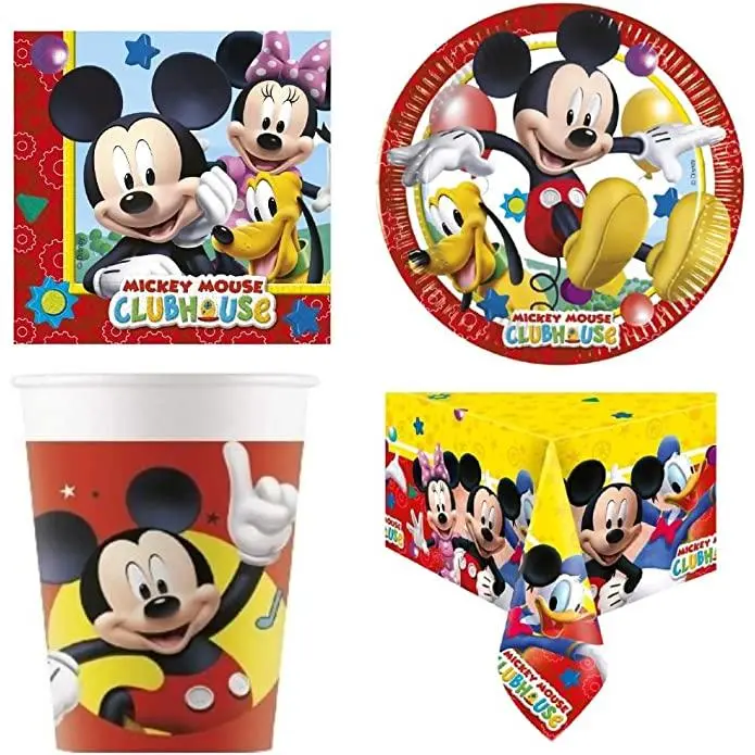 Zirizon- Vajilla de Cartón Ecológico para Fiesta Mickey - 6 Invitados con platos de cartón, vasos , servilletas y mantel, vajilla compostables, biodegradables,vajilla de fiesta de cumpleaños - 1