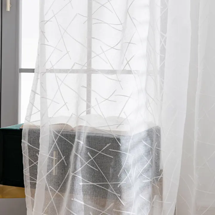 Cortinas Blancas Con Rayas Modernas Cortinas De Tulle Transparentes Para Sala De Estar Ventanas Dormitorio Decoración Del Hogar Cortinas Bordadas Sin Aislamiento Solar - 1