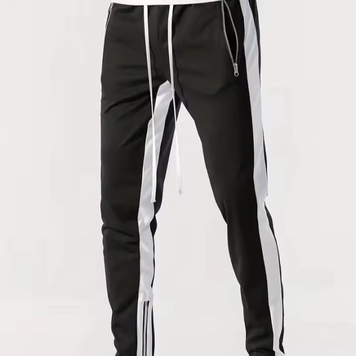 Pantalones Deportivos Para Hombre Con Bolsillos Cremallera Y Bloque De Colores Estilo Casual Pantalones Delgados Con Cordón - 1