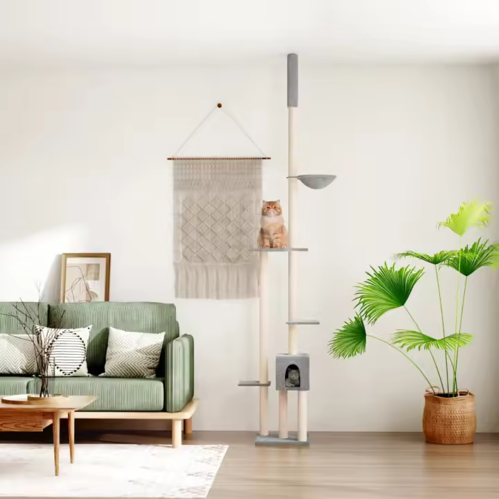 vidaXL Árbol rascador gatos suelo a techo 258,5-284,5 cm en color Gris oscuro/Crema/Gris claro - 1