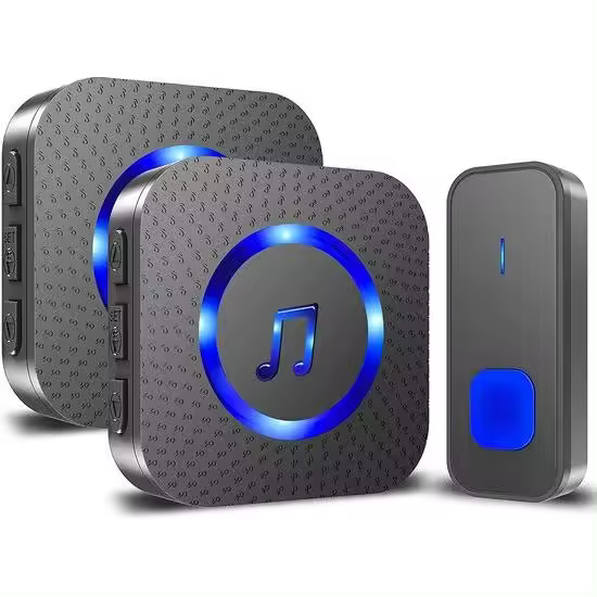 Timbre inalámbrico - Resistente al agua - Alcance de 400 m - Timbre inalámbrico para exteriores - con 2 receptores enchufables y 1 transmisor - Funciona con 55 melodías - 5 volúmenes - Timbre con flash LED - Negro - 1