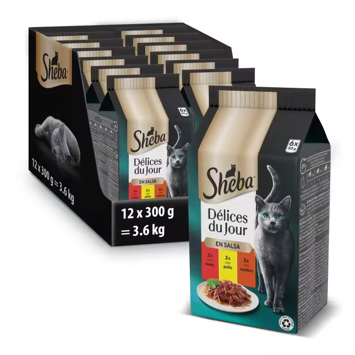 Sheba Délices du Jour Comida húmeda para Gatos Sabor Carnes Multipack 12 x 6 bolsitas x 50g - 1