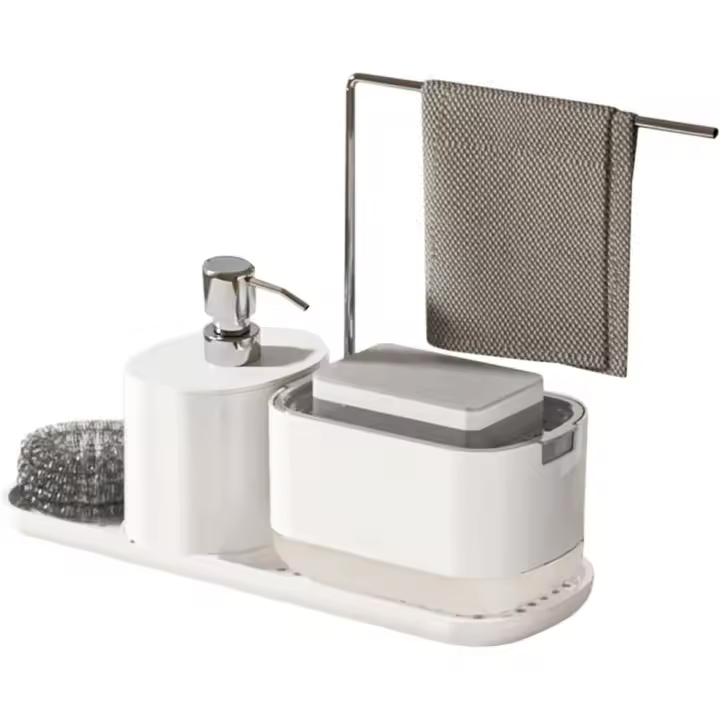 Dispensador de jabón para platos de cocina con bomba de soporte de esponja, juego de actualización 4 en 1 - 1