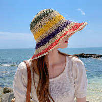 Sombrero De Pescador De Hilo Colorido Hecho a Mano Para Mujer Sombrero De Sol De Primavera Verano Al Aire Libre Con Visera Sombrero De Playa Plegable De Paja Arco Iris - details 5