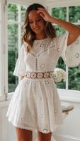 Vestido Blanco De Verano Casual Con Bordado Floral Vestido Mini Sin Espalda Vestido De Fiesta Poliéster A-Line O-Neck Manga Flare - details 17