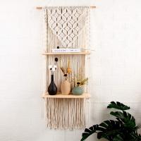 Tapiz de pared, Estante de pared tejido Decoración de pared de madera Estante de almacenamiento colgante flotante Cuerda de algodón bohemio - details 8