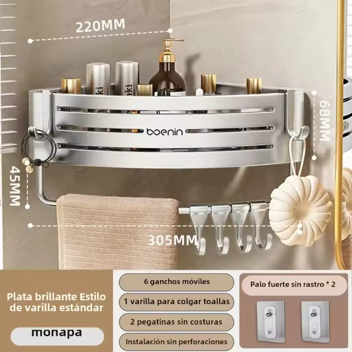 Estante De Rincón Para Baño Con Gancho Y Barra De Toallas De Aluminio No Perforado Organizador De Espacio Para Ducha Montaje En pared - 1