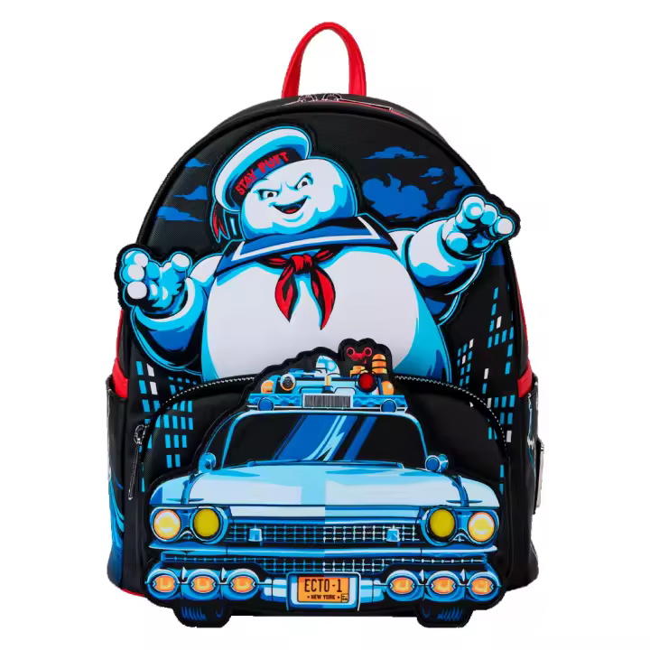 LOUNGEFLY Mochila  Stay Puft Cazafazantasmas Ghostbusters chasing persiguiendo hombre mujer  Ecto 1  Backpack GITD Brilla en la Oscuridad - 1