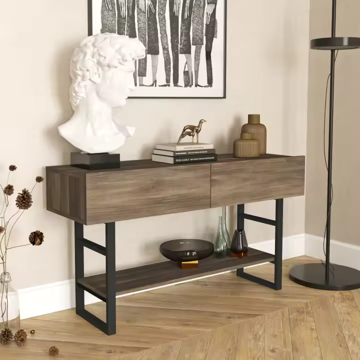Mesa consola Lappeenranta con estante y 2 puertas Metal/Aglomerado 139x43x76 cm - Roble oscuro / Negro [en.casa] - 1