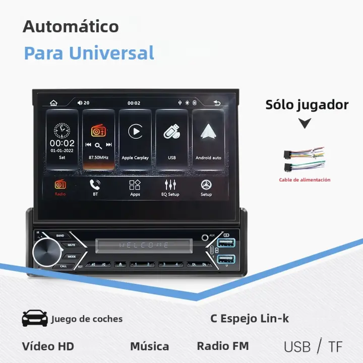 Navifly Autoradio Multimedia MP5 Player 7 Pulgadas Retráctil 1Din Wireless Carplay Android Auto Mirror Link BT USB Universal Para Coche - 1