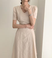 Vestido Largo De Algodón Y Lino Para Mujer Estilo Retro Vintage Con Manga Corta Diseño Sólido A-Line Cuello V Moda De Oficina - details 4