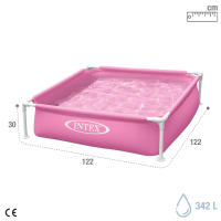 Piscina desmontable pequeña INTEX color rosa, medidas 122x122x30cm, forma cuadrada, incluye tapón para desagüe y parche de reparación, capacidad de 342L - details 3
