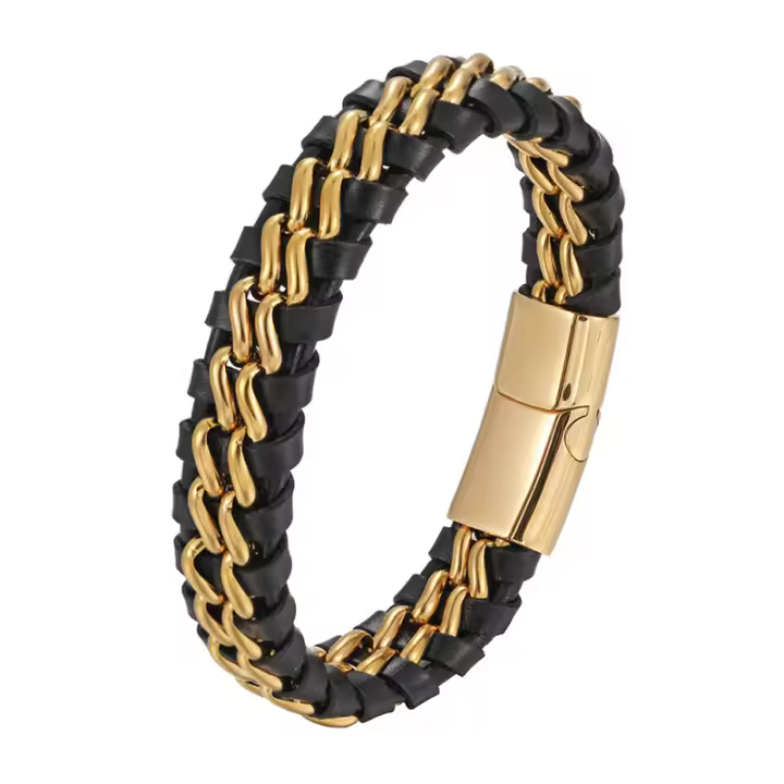 Pulsera de Cadena de Cuero Auténtico para Hombres con Cierre Magnético de Acero Inoxidable en Oro Chapado Joyería Exclusiva Regalo Mayorista Caída - 1