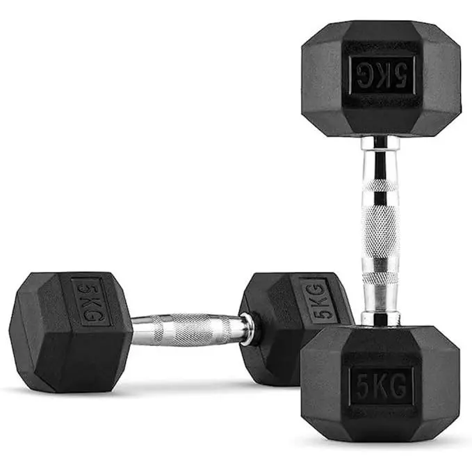 Mancuernas Hexagonales de 5kg - Juego de 2 Mancuernas de 5 kilogramos - Set de Mancuernas hexagonales con Revestimiento de Goma y Mango inoxidable Cromado - 1