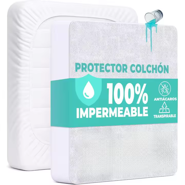 Protector Colchón 90, 105, 135 o 150 cm Funda Colchón Impermeable Sábana Bajera Impermeable de poliéster y Microfibra Cubre Colchón para Cama Transpirable Cover Hipoalergénico Anti ácaros Lavable a Máquina - 1