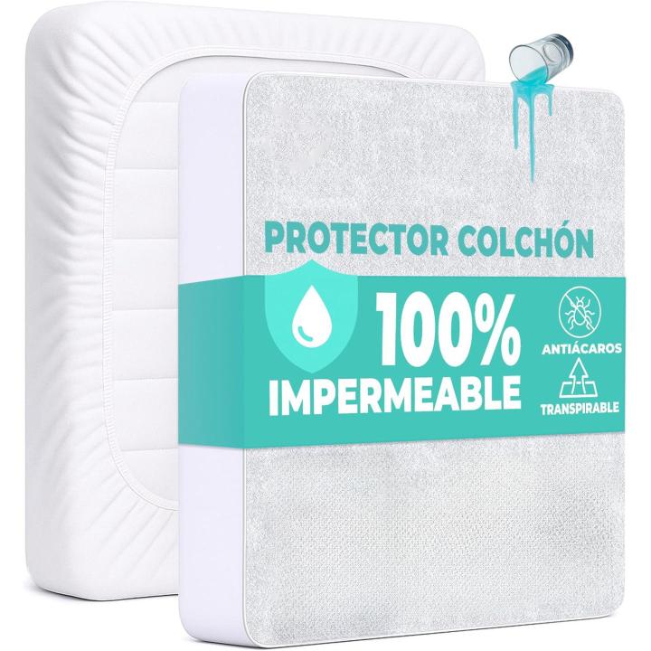 Protector Colchón 90, 105, 135 o 150 cm Funda Colchón Impermeable Sábana Bajera Impermeable de poliéster y Microfibra Cubre Colchón para Cama Transpirable Cover Hipoalergénico Anti ácaros Lavable a Máquina