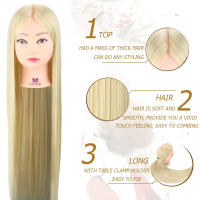 Cabeza peluquería Rubia 30 "76cm con pelo para entrenamiento o aprendizaje, práctica de estilismo, abrazadera trenzada, peluquería profesional, peinados. Cabeza de peluquería. Pelo RUBIO sintético. Distribuido por DistriLocu - details 1