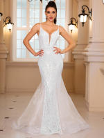 Vestido De Noche De Encaje Organza Blanco Con Vuelta Y Sin Mangas Para Bodas Y Fiestas De Compromiso Vestido De Mujer De Corte Mermaid De Largo Floor - details 13
