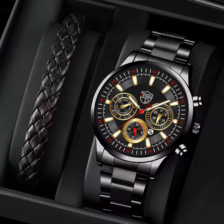 Reloj De Pulsera De Cuarzo Para Hombre Estilo Casual Y Negocio Material De Acero Inoxidable Luminoso Con Correa De Cuero Reloj De Fecha - 1