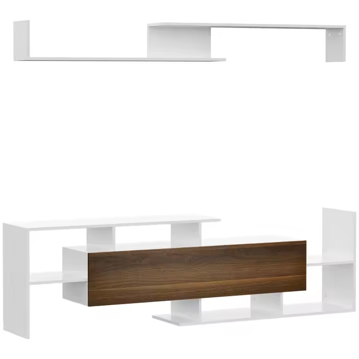 HOMCOM Muebles de Salón Conjunto Muebles de TV con Mesa para Televisor 153,6x25x42 cm y Estante de Pared 150x14,5x16,3 cm Blanco y Marrón - 1