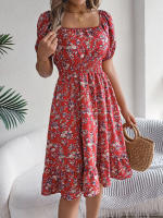 Vestido Elegante De Primavera Y Verano Para Mujer Con Estampado Floral Cuello Cuadrado Manga Corta Volante Al Borde Vestido A-Line De Rodilla Casual - details 34