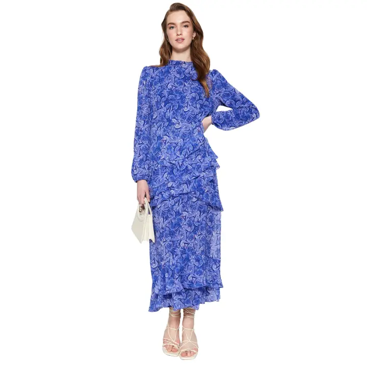 Trendyol Blue Floral Skirt Frilly Lined Woven Chiffon Dress Tctss23Eb00160 - 1