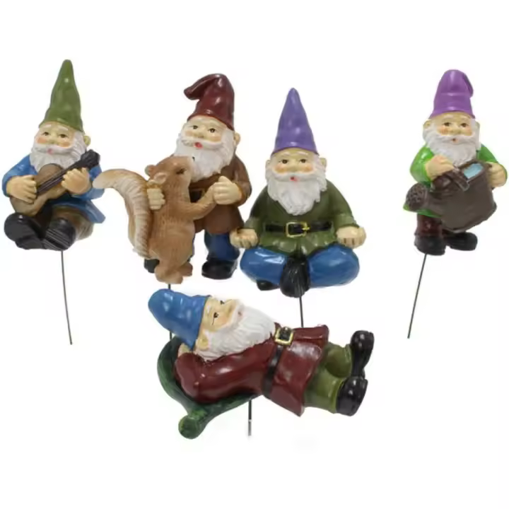 Gnomos para macetas, estacas de jardín, adornos, decoraciones de plantas, palo de resina, gnomos, estatuillas, estatuas de jardín, decoraciones para bricolaje, jardín, césped, 5 piezas - 1
