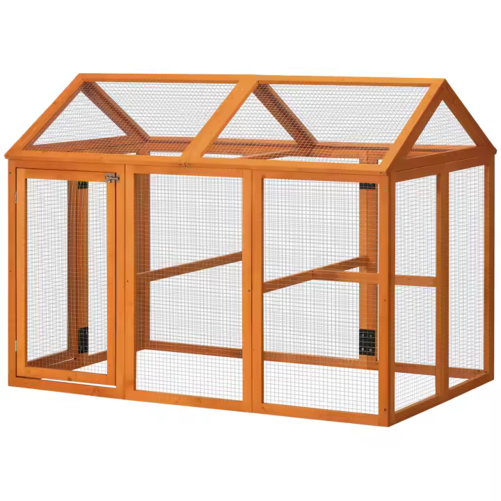 PawHut Jaula de madera para gallineros, con malla de alambre, 140 x 88,5 x 106 cm, color naranja - 1