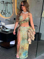 Conjunto De Dos Piezas Aesthetic Impreso Para Mujer Halter Bandage Irregular Camis+High Side Split Maxi Skirt Ropa De Vacaciones Sexy Y Club Sin Mangas De Verano - details 17