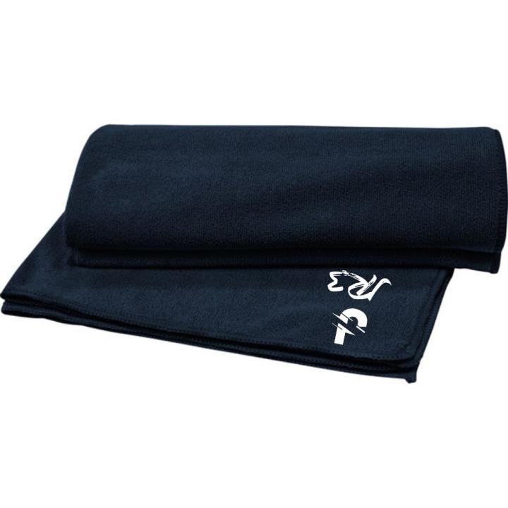 JR3 Toalla de baño, playa o deporte, remallado con filamento de poliéster a tres hilos mismo tono, excepto en el color plomo oscuro que el remallado es en amarillo flúor  con adorno elástico para plegado.