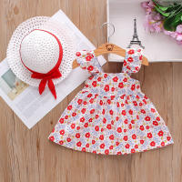 Conjunto De 2 Vestidos Y Sombreros Para Niñas Verano Estampado Floral Con Lazo Sleeves Volantes Con Suspensión Vestido De Polyester Para Bebés De 1-2 Años - details 2