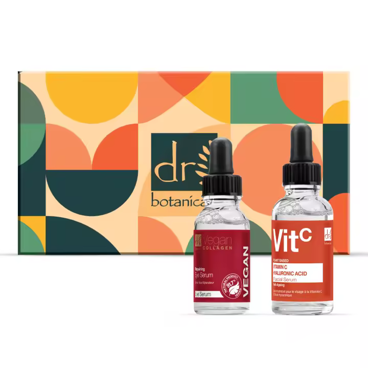 Dr Botanicals Sérum Facial Antiedad Vitamina C y Ácido Hialurónico 30ml + Sérum de Ojos Reparador de Colágeno Vegano. - 1