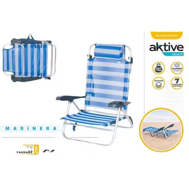 AKTIVE Silla playa plegables, 7 posiciones gran surtidos de modelos 47x49x82 cm Incluye cojín acolchado, Asas de transporte, Soporta 110 kg, Sillas respaldo reclinable, Multiposición oficial CALIDAD DE CONFIANZA TOP VENTAS AZUL CLARO,NARANJA.AZUL MARINO - 1