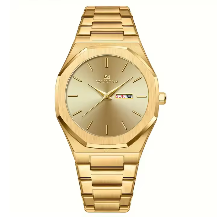 Reloj De Cuarzo Para Hombre Estilo Negocios Dual Calendar Oro Y Acero Inoxidable Octogonal Deporte Resistente Al Agua Y Choque Movimiento De Cuarzo - 1