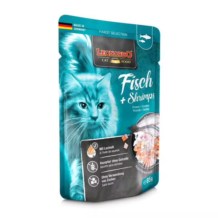 Leonardo Menú Pescado y Gambas Sobres para Gatos - 16 unidades x 85 gr - 1