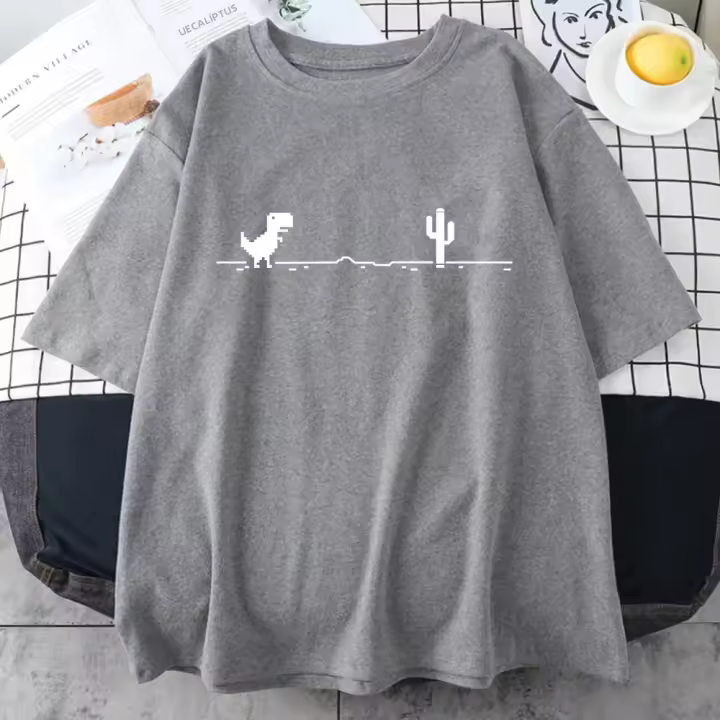 Camiseta De Algodón Para Hombre Con Impresiones De Cactus Y Dinosaurio Pequeño Juego De Mosaico Casual Veraniego Manga Corta Humorístico Ropa Para Hombre - 1