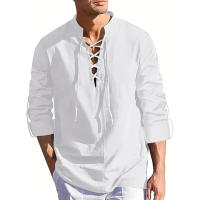 Camisas De Pirata Para Hombres Con Cuello Henry Y Cordón Algodón Y Lino Manga Larga Estilo Bohemio Para Playa Primavera Verano Tops Casual - details 5