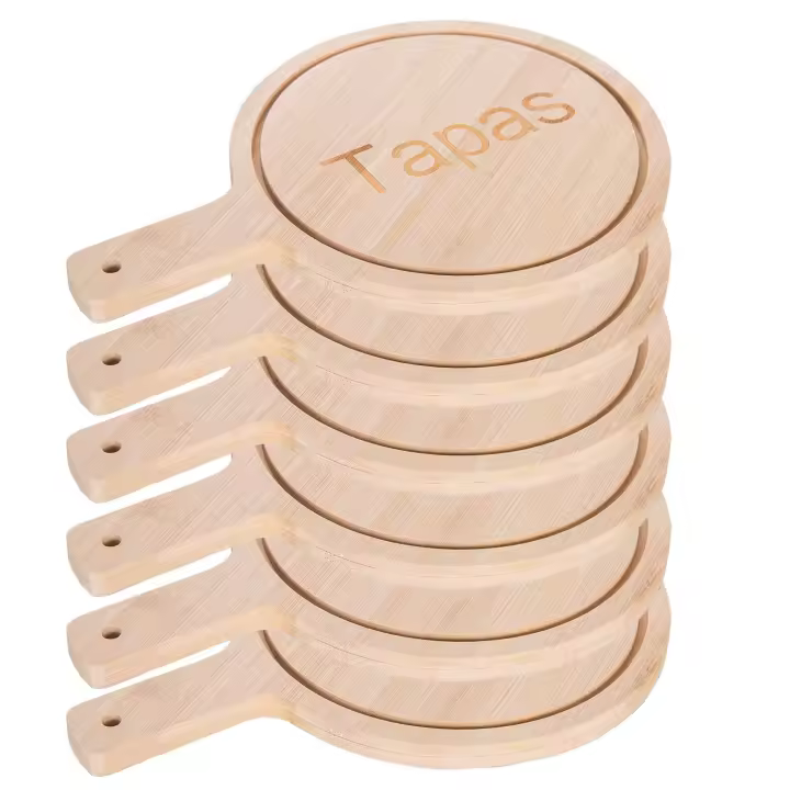 Tablas de Bambú Redondas para Tapas, con Mango. Pack 6 Unidades Tablas para Cortar. 2 Tamaños a Elegir 28x20cm y 19x14cm, 23x9cm. Grosor de 0,8cm, Para Servir Tapas y Pinchos de Cocina en Hostelería o el Hogar - 1
