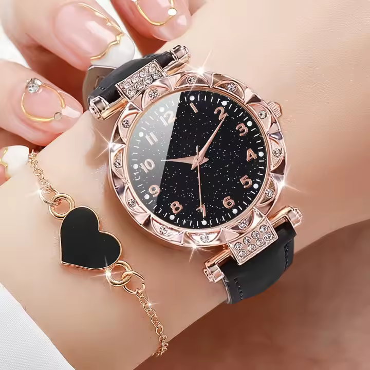 Reloj De Cuarzo Para Mujer Con Correa De Cuero PU Y Rhinestone 2PCS/set Con Pulsera De Corazón Moda Casual No Aquejado Al Agua - 1