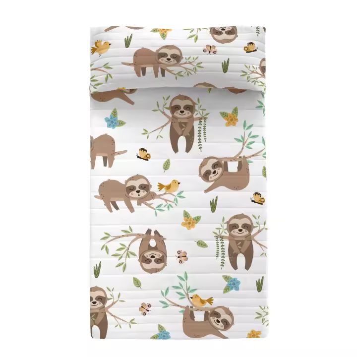 Happyfriday- Happy sloth Colcha, Colchas infantiles 100% Algodón (exterior) 100% Poliéster (relleno), calidad de 150 TC, Fabricado en España - 1