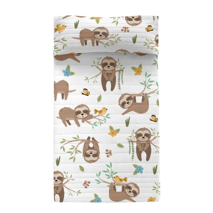 Happyfriday- Happy sloth Colcha, Colchas infantiles 100% Algodón (exterior) 100% Poliéster (relleno), calidad de 150 TC, Fabricado en España - 1