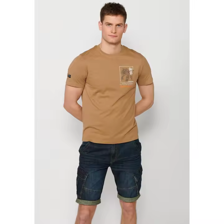 Koroshi Camiseta de manga corta de algodon y estampado trasero jungle tigger, color camel para hombre | Ropa Casual - 1