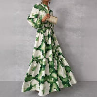 Vestido Maxi Verano Elegante Para Mujer Con Estampado Verde Manga Larga Cuello V Ajuste De Cintura Largo Moda Fiesta Vestido - details 4
