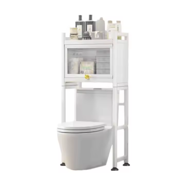 XOKOTAKI Estantería Sobre Inodoro con Puertas Abatibles | Estante de WC Organizador Multiusos | Estantería de Almacenamiento de Baño | Ahorra Espacio con 3 Niveles | Patas Ajustables en Altura. - 1