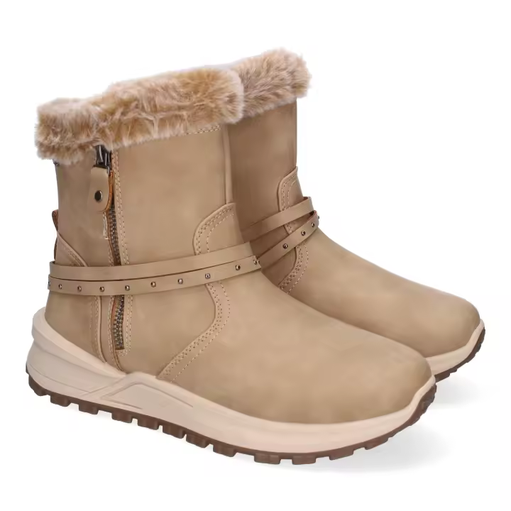 Davinia Shoes Botines de Invierno Planos para Mujer, Comodos y Elegantes, Diseño Moderno, Detalle de Pelo y Adorno de Correa, Cierre de Cremallera. Shoes&Blues.es PP-17-Kaki - 1